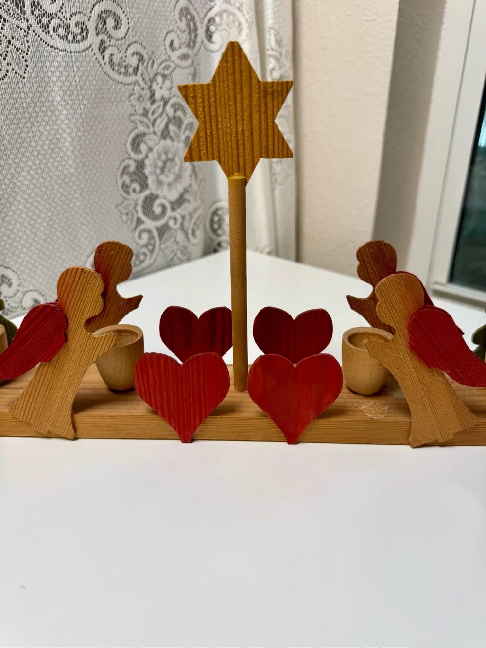 Wooden Holiday Angel and Heart Centerpiece - Red and Natural